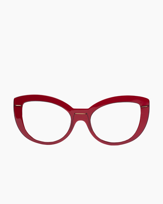 burgundy plastic cat eyeglasses by Monogram Marie-Sophie Dion model Abid, front view, lunettes de vue chat couleur bourgogne