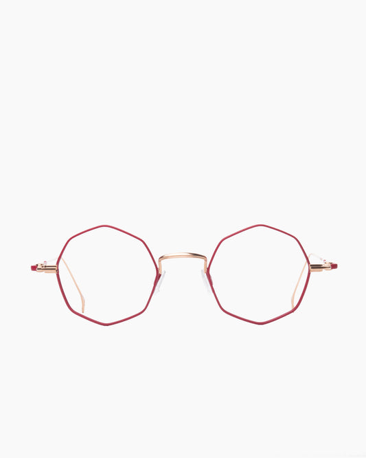 red metal octogon eyeglasses by Anne et Valentin model Blaise, front view, lunettes de vue octogone couleur rouge