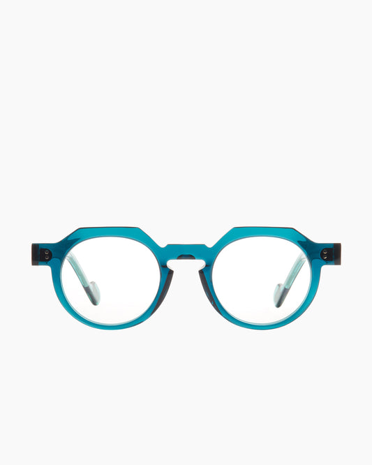 green plastic round eyeglasses by Anne et Valentin model DAYLEWIS, front view, lunettes de vue rond couleur vert