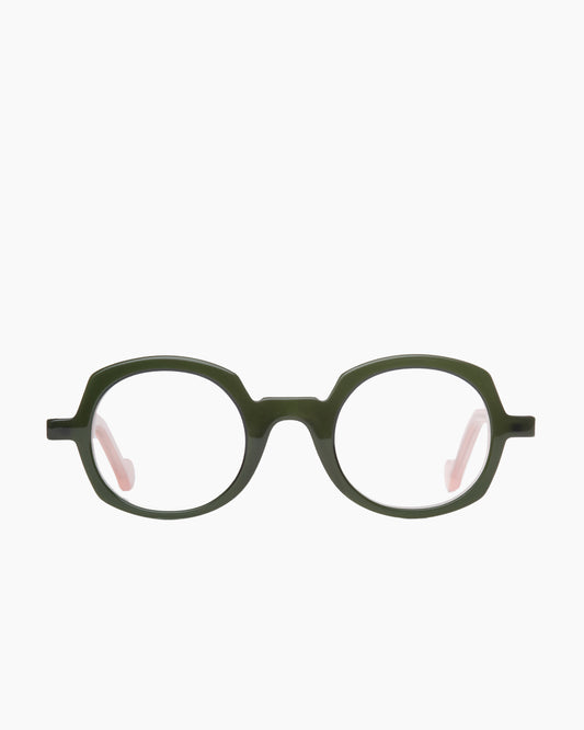 green plastic round eyeglasses by Anne et Valentin model Ada, front view, lunettes de vue rond couleur vert
