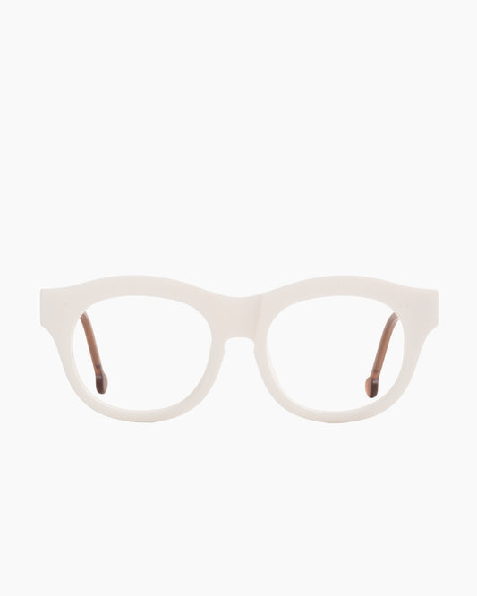 white plastic round eyeglasses by Marie-Sophie Dion model Carette, front view, lunettes de vue rond couleur blanc
