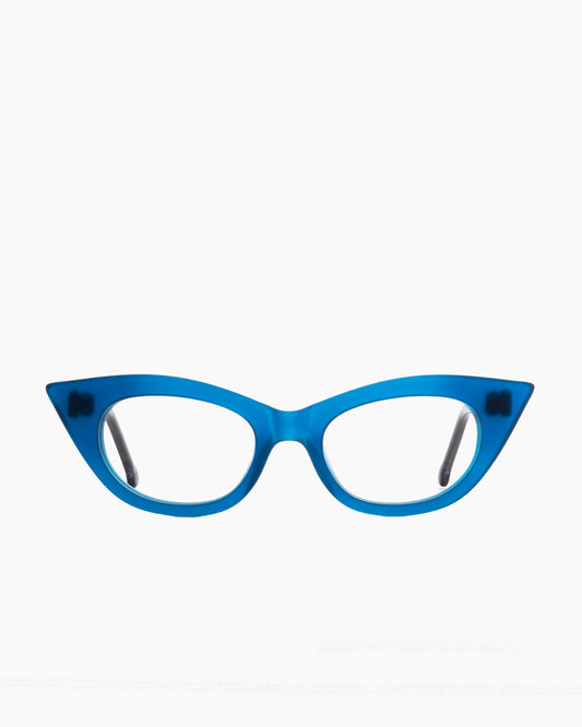 blue plastic cat eyeglasses by Marie-Sophie Dion model Chatelier, front view, lunettes de vue chat couleur Bleu