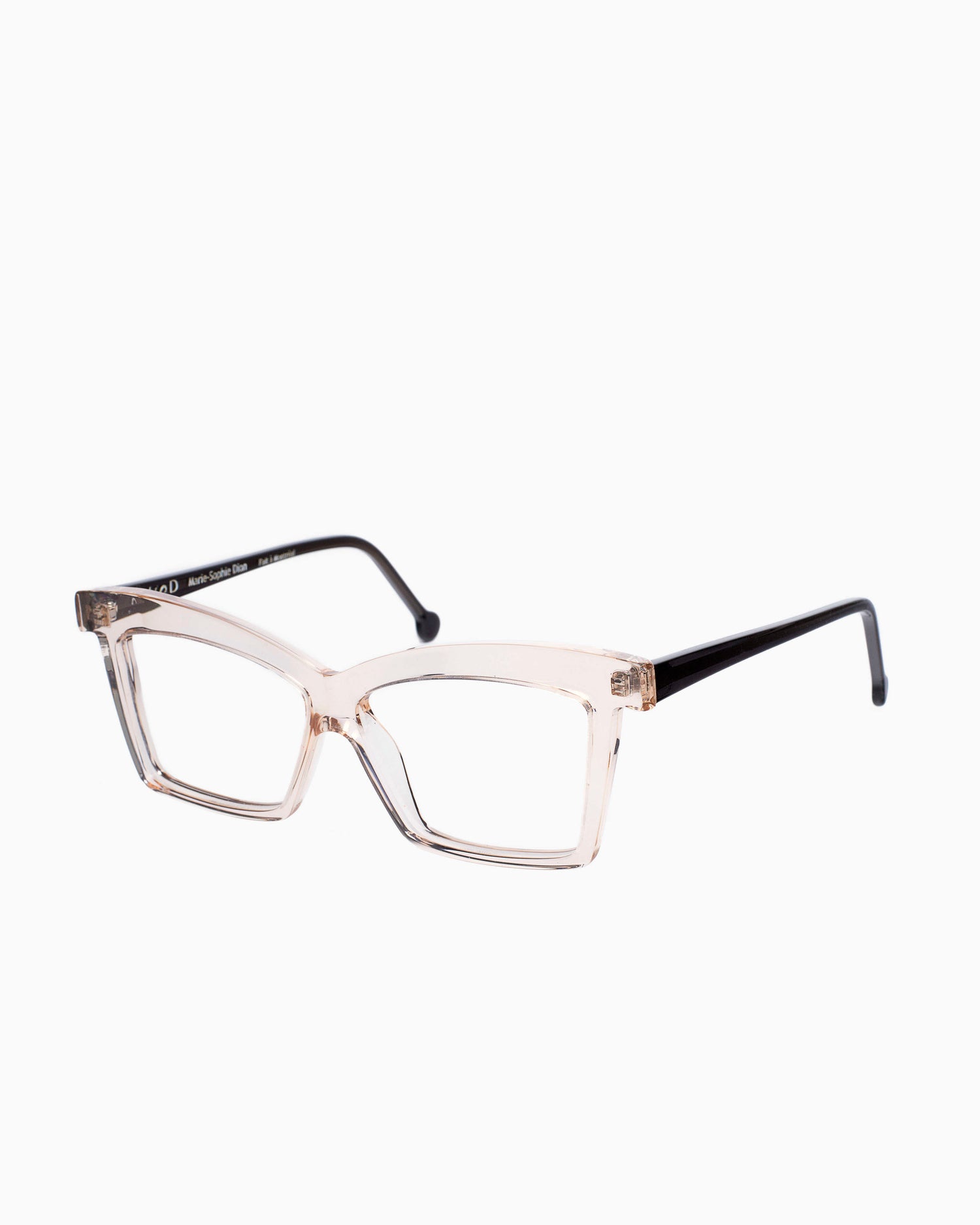 pink, beige plastic butterfly eyeglasses by Marie-Sophie Dion model Elkas, front view, lunettes de vue papillon couleur rose, beige