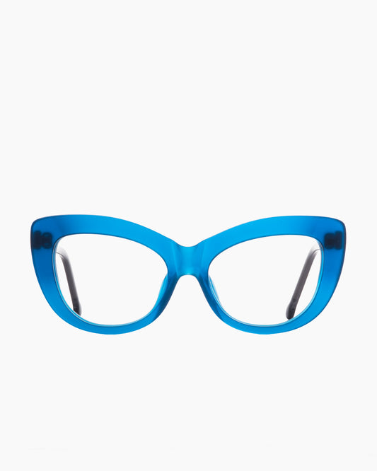 blue plastic cat eyeglasses by Marie-Sophie Dion model Gatsby, front view, lunettes de vue chat couleur bleu
