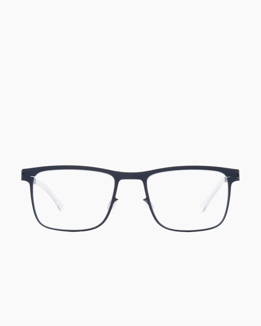 blue metal rectangle eyeglasses by Mykita model Armin, front view, lunettes de vue rectangle couleur bleu