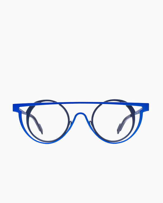 blue metal round eyeglasses by Theo model Sketch, front view, lunettes de vue rond couleur Bleu