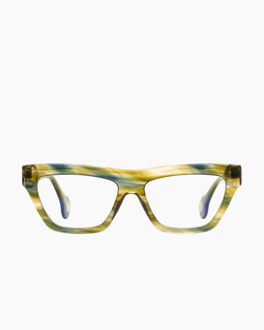 green plastic butterfly eyeglasses by Spectacleeyeworks model Heaven, front view, lunettes de vue papillon couleur vert