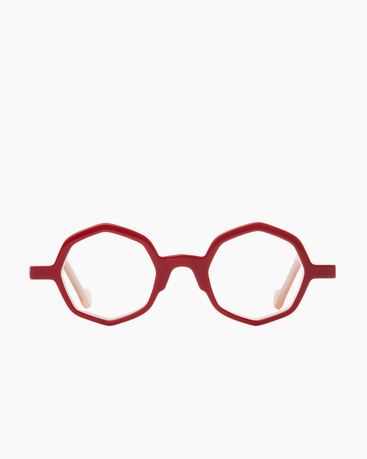 red plastic octogon eyeglasses by Anne et Valentin model Adelys, front view, lunettes de vue octogone couleur rouge