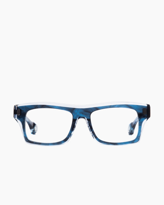 blue plastic rectangle eyeglasses by Blake Kuwahara model Chambers, front view, lunettes de vue rectangle couleur Bleu