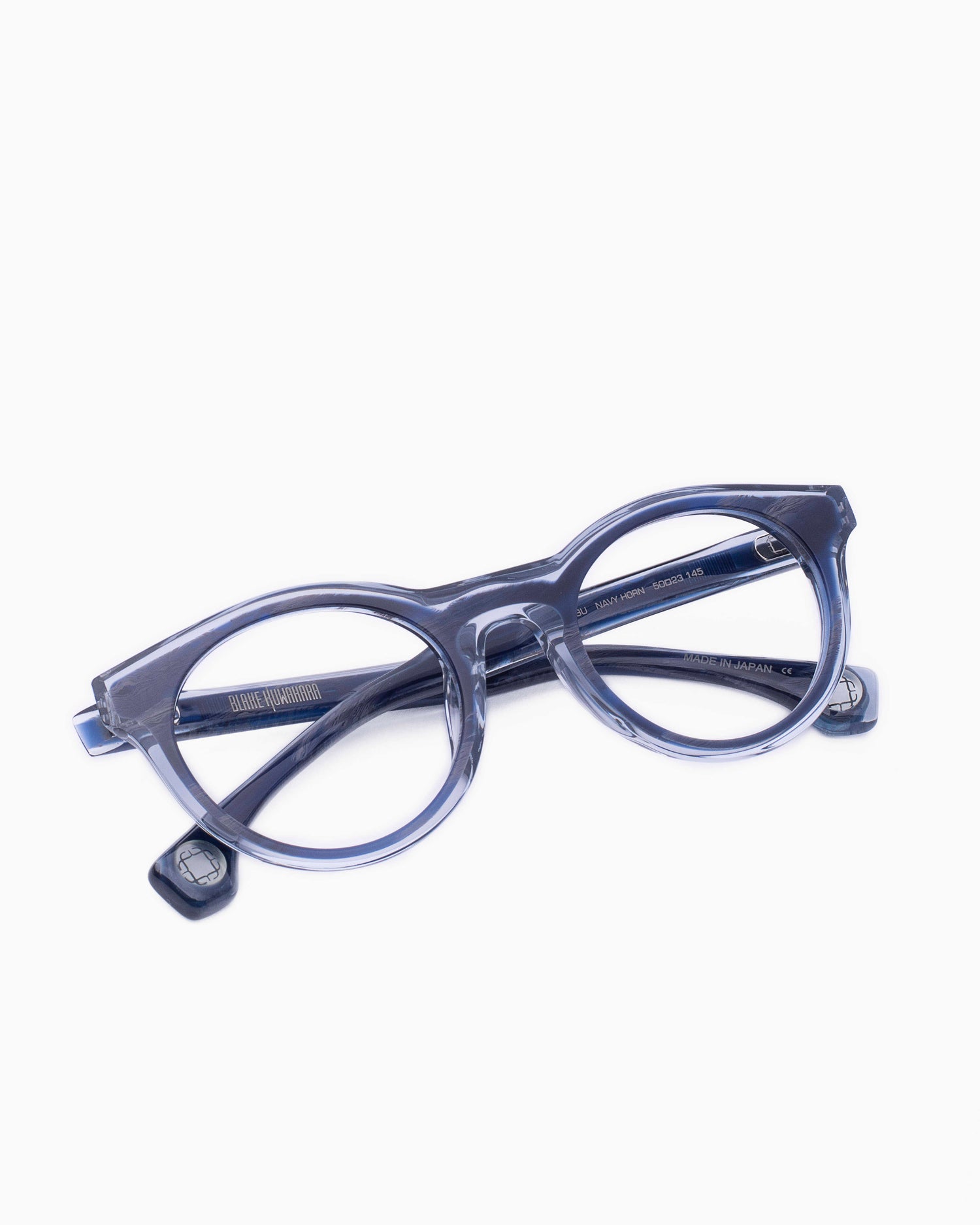 blue plastic oval eyeglasses by Blake Kuwahara model corbu, front view, lunettes de vue ovale couleur Bleu