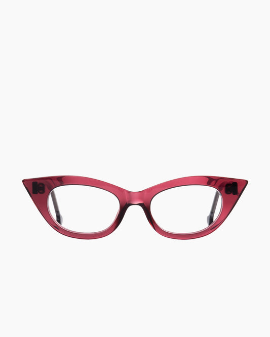 purple plastic cat eyeglasses by Marie-Sophie Dion model Chatelier, front view, lunettes de vue chat couleur violet