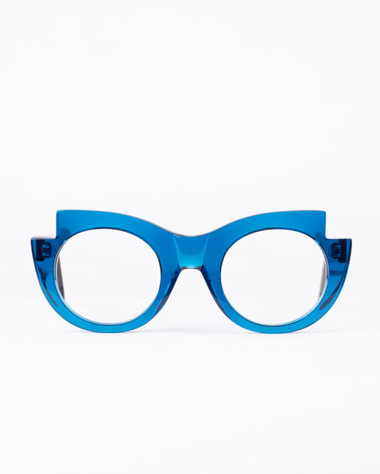 blue plastic round eyeglasses by Marie-Sophie Dion model Latraverse2, front view, lunettes de vue rond couleur Bleu