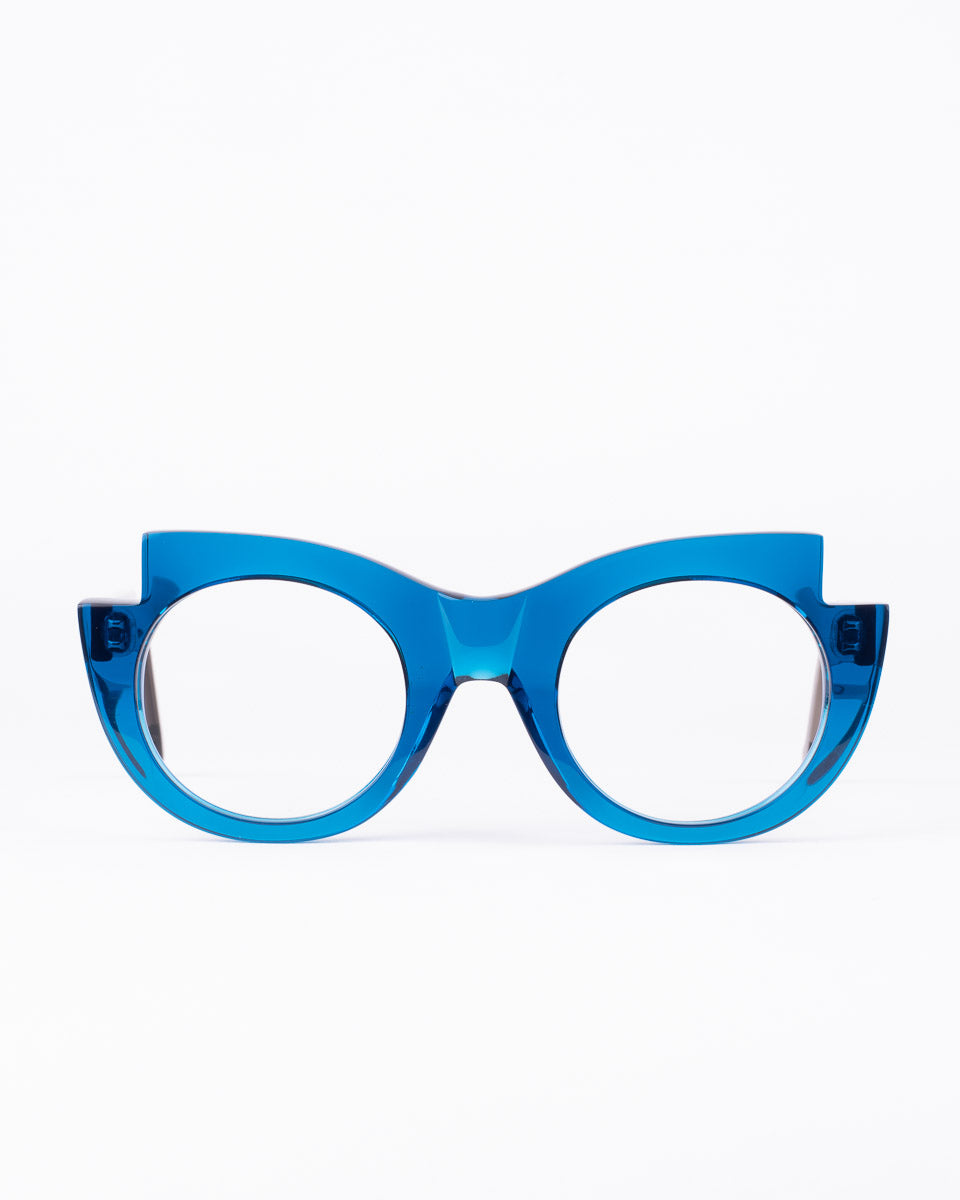 blue plastic round eyeglasses by Marie-Sophie Dion model Latraverse2, front view, lunettes de vue rond couleur Bleu