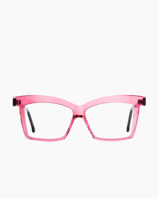 pink plastic butterfly eyeglasses by Marie-Sophie Dion model Elkas, front view, lunettes de vue papillon couleur rose