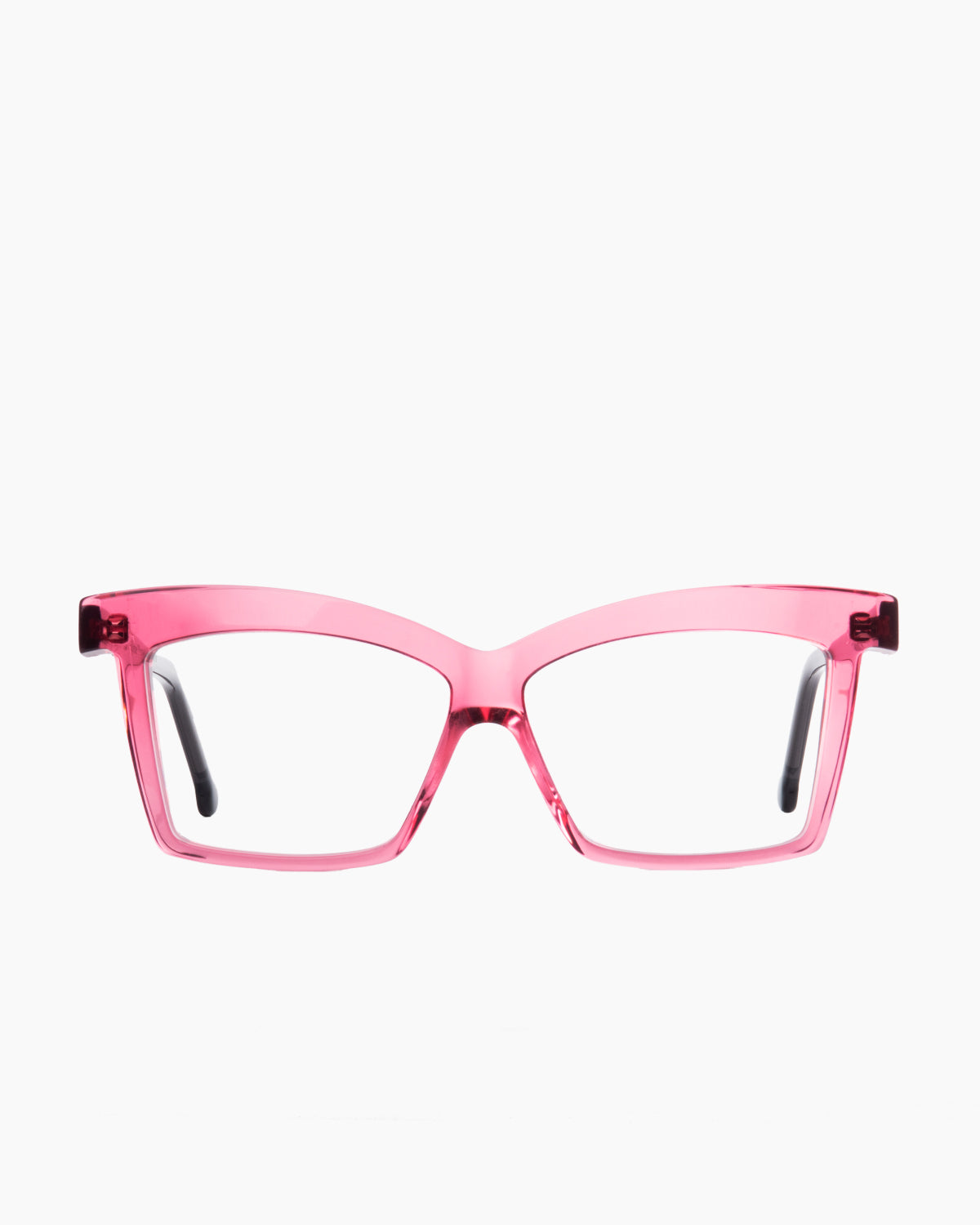 pink plastic butterfly eyeglasses by Marie-Sophie Dion model Elkas, front view, lunettes de vue papillon couleur rose