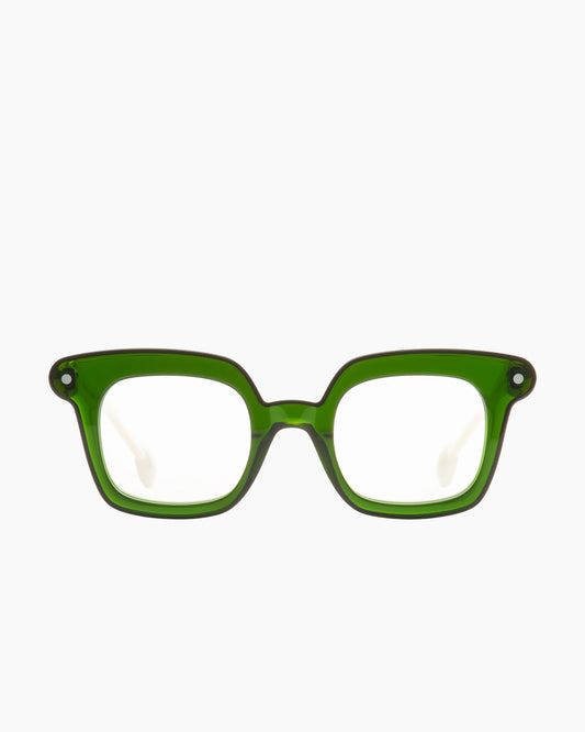green plastic rectangle eyeglasses by Anne et Valentin model Bop, front view, lunettes de vue rectangle couleur vert