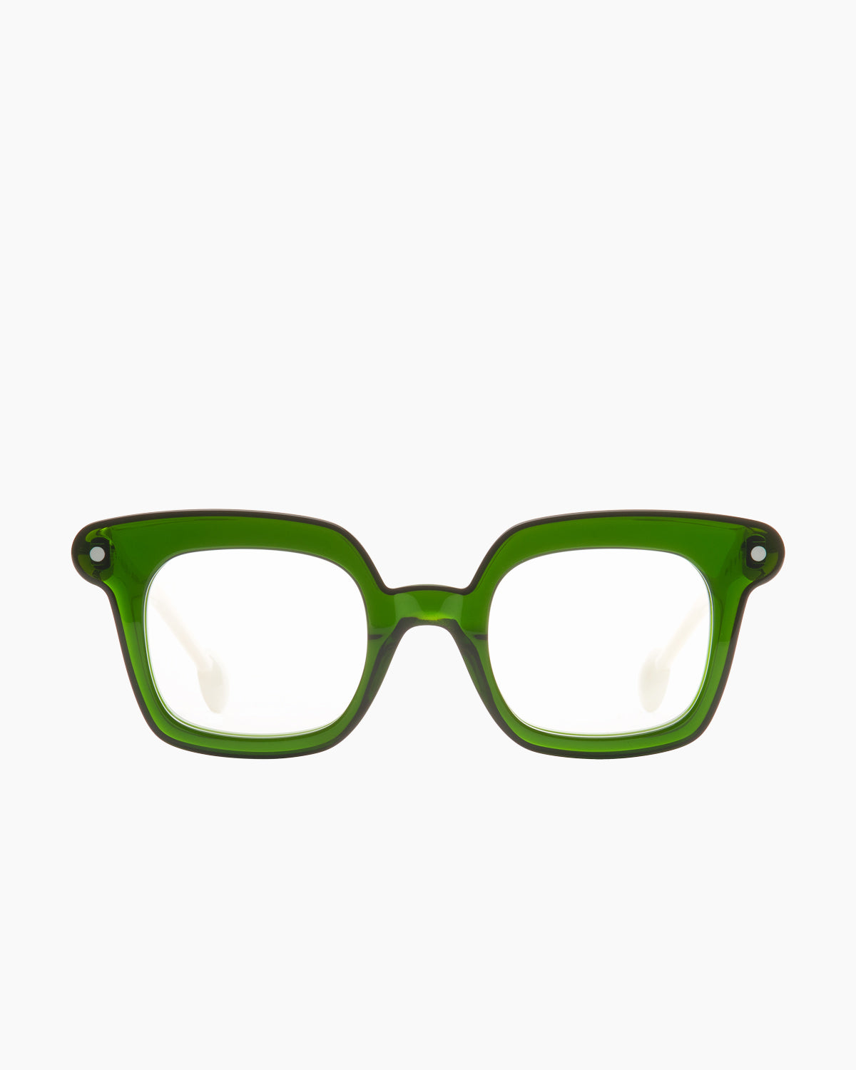 green plastic rectangle eyeglasses by Anne et Valentin model Bop, front view, lunettes de vue rectangle couleur vert