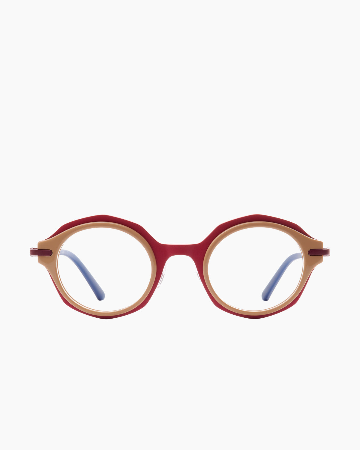 red metal octogon eyeglasses by Bevel model Amoree, front view, lunettes de vue octogone couleur rouge