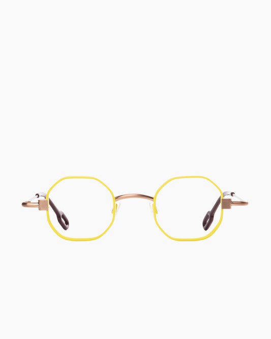 yellow metal octogon eyeglasses by Anne et Valentin model MECATONIC, front view, lunettes de vue octogone couleur jaune