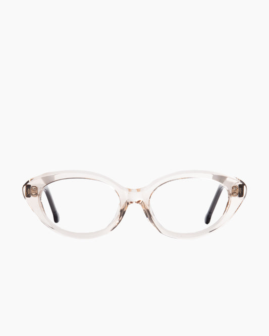 pink, beige plastic cat eyeglasses by Marie-Sophie Dion model Moreau, front view, lunettes de vue chat couleur rose, beige
