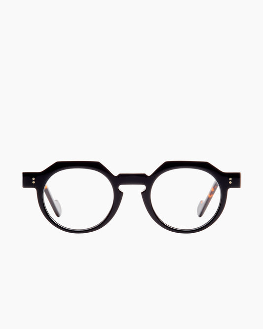 black plastic round eyeglasses by Anne et Valentin model DAYLEWIS, front view, lunettes de vue rond couleur noir