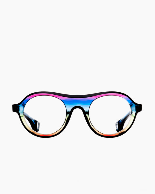 blue plastic round eyeglasses by Blake Kuwahara model prouvé, front view, lunettes de vue rond couleur bleu