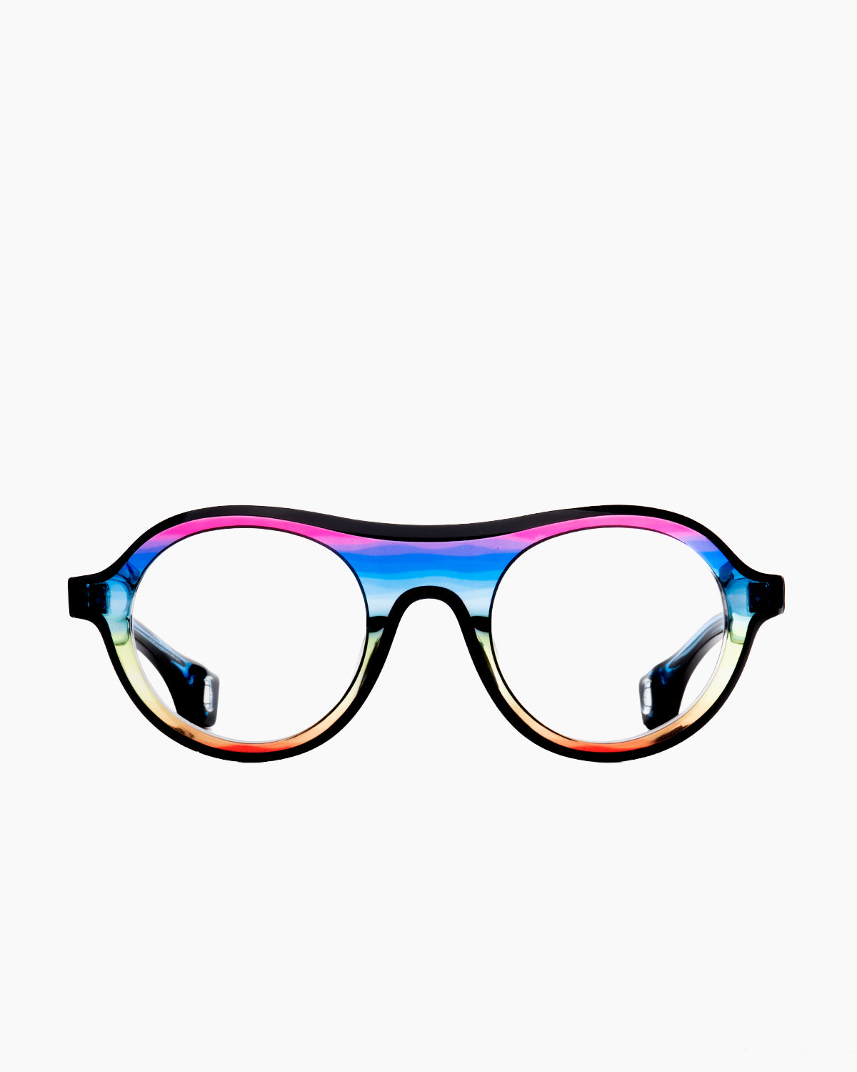 blue plastic round eyeglasses by Blake Kuwahara model prouvé, front view, lunettes de vue rond couleur bleu