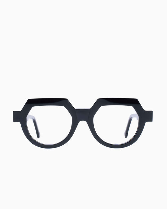black plastic round eyeglasses by Marie-Sophie Dion model Andrey, front view, lunettes de vue rond couleur Noir