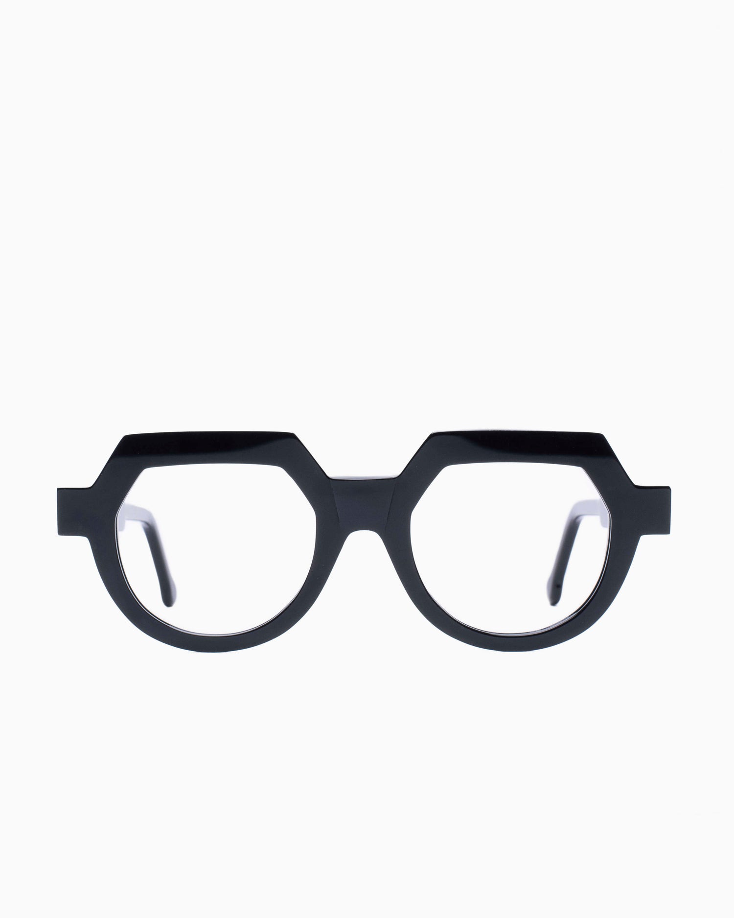 black plastic round eyeglasses by Marie-Sophie Dion model Andrey, front view, lunettes de vue rond couleur Noir
