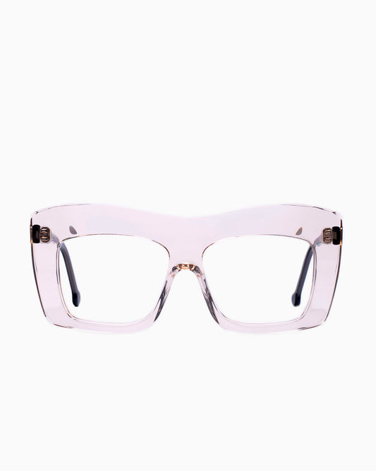 pink, beige plastic rectangle eyeglasses by Marie-Sophie Dion model Arseneau, front view, lunettes de vue rectangle couleur rose, beige