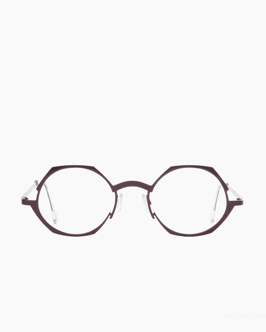 red metal round eyeglasses by Theo model WAVE, front view, lunettes de vue rond couleur bourgogne