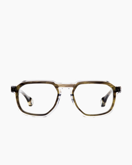 green plastic rectangle eyeglasses by Blake Kuwahara model Thayer, front view, lunettes de vue rectangle couleur vert