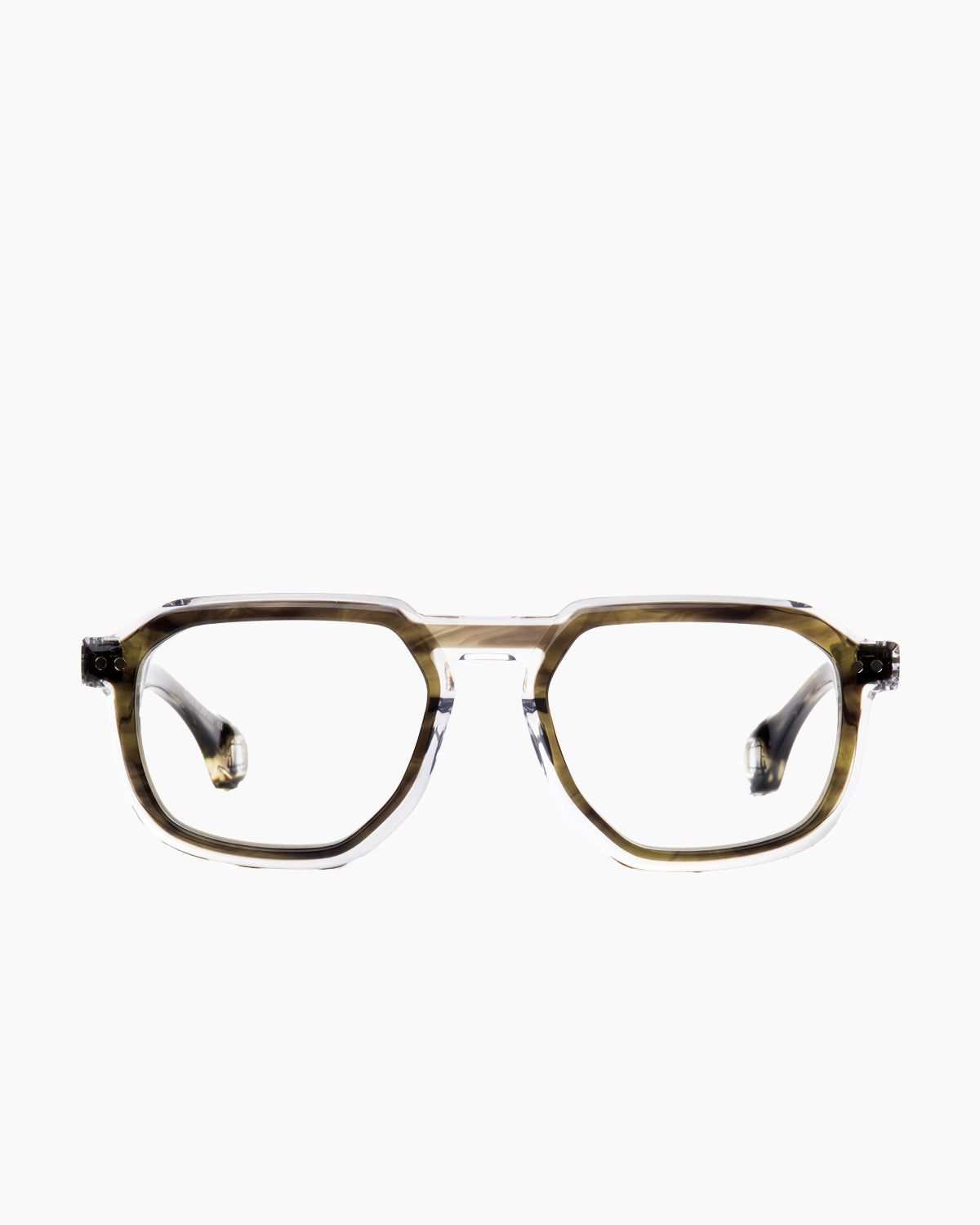 green plastic rectangle eyeglasses by Blake Kuwahara model Thayer, front view, lunettes de vue rectangle couleur vert