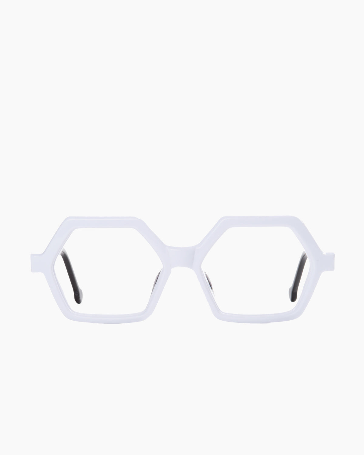 white plastic hexagon eyeglasses by Marie-Sophie Dion model salsa, front view, lunettes de vue hexagone couleur blanc