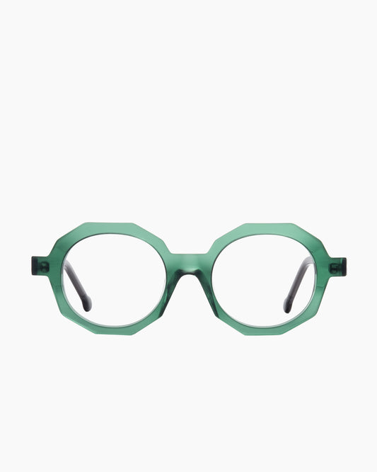 green plastic octogon eyeglasses by Marie-Sophie Dion model Fabi, front view, lunettes de vue octogone couleur vert