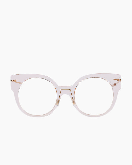 pink, beige plastic round eyeglasses by Monogram Marie-Sophie Dion model Brixi, front view, lunettes de vue rond couleur rose, beige