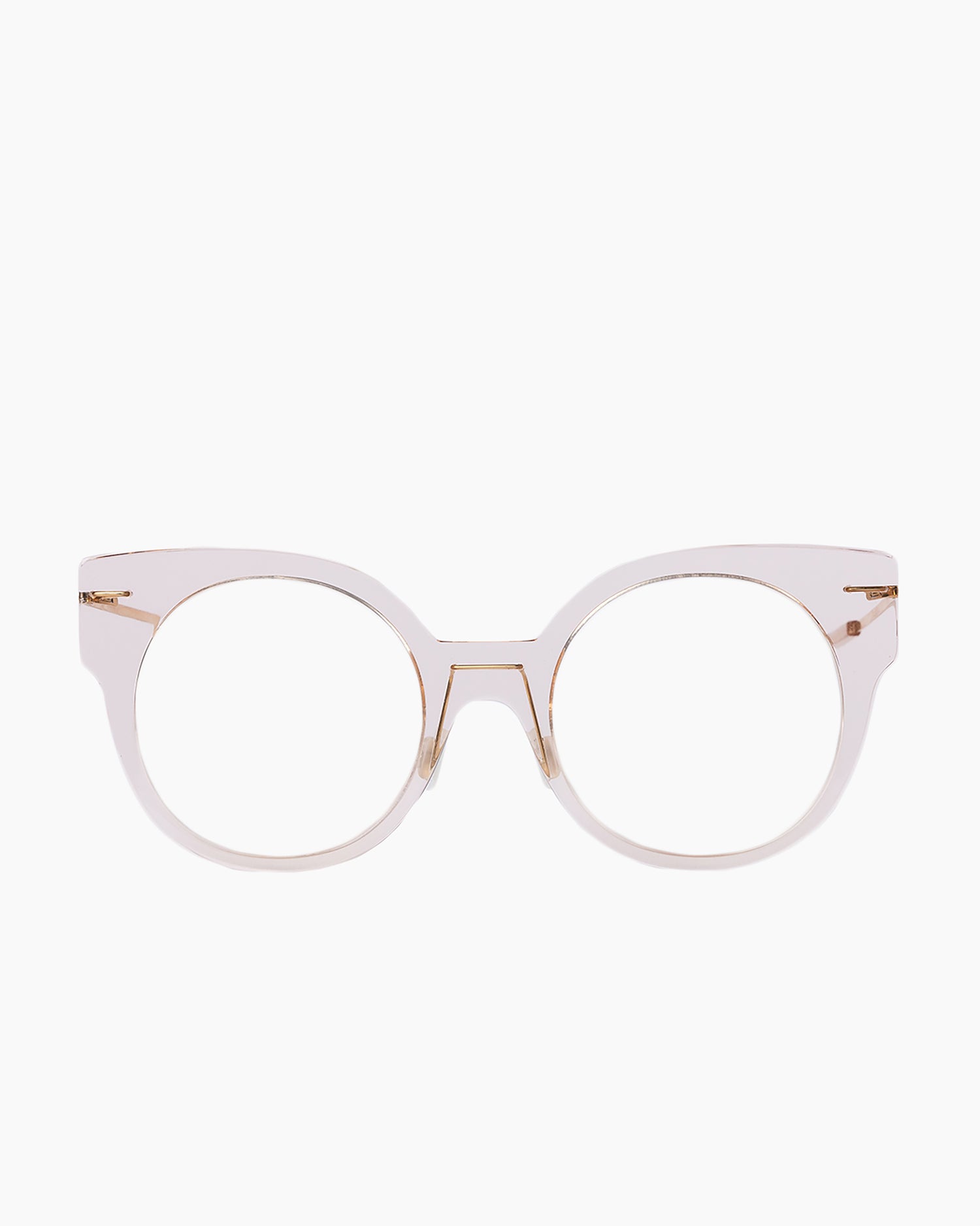pink, beige plastic round eyeglasses by Monogram Marie-Sophie Dion model Brixi, front view, lunettes de vue rond couleur rose, beige