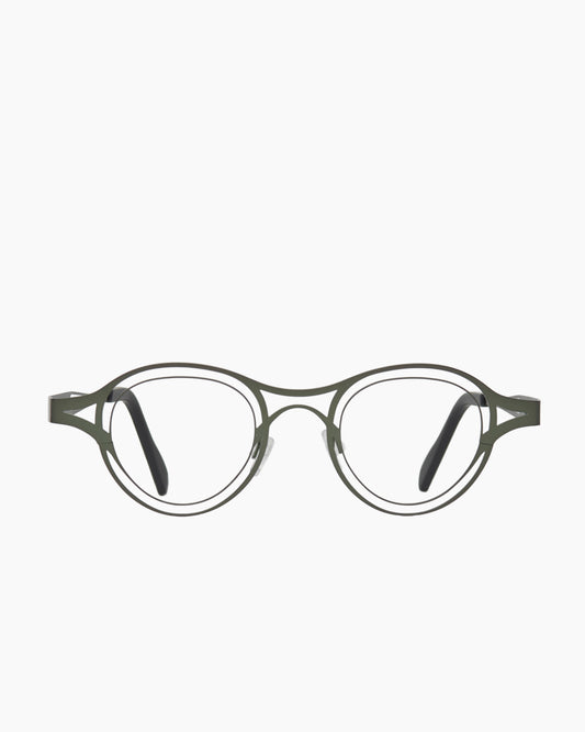 green metal round eyeglasses by Theo model Tarifa, front view, lunettes de vue rond couleur Vert