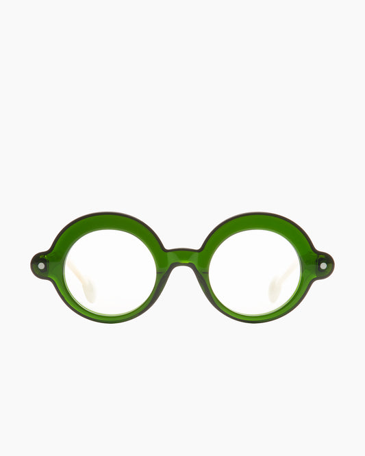 green plastic round eyeglasses by Anne et Valentin model Blup, front view, lunettes de vue rond couleur vert