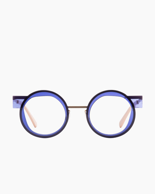 purple metal round eyeglasses by Gamine model VoussoirSödermalm, front view, lunettes de vue rond couleur violet