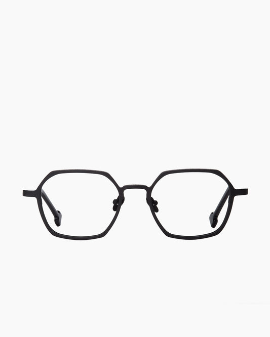 black metal hexagon eyeglasses by Spectacleeyeworks model persepolis, front view, lunettes de vue hexagone couleur noir