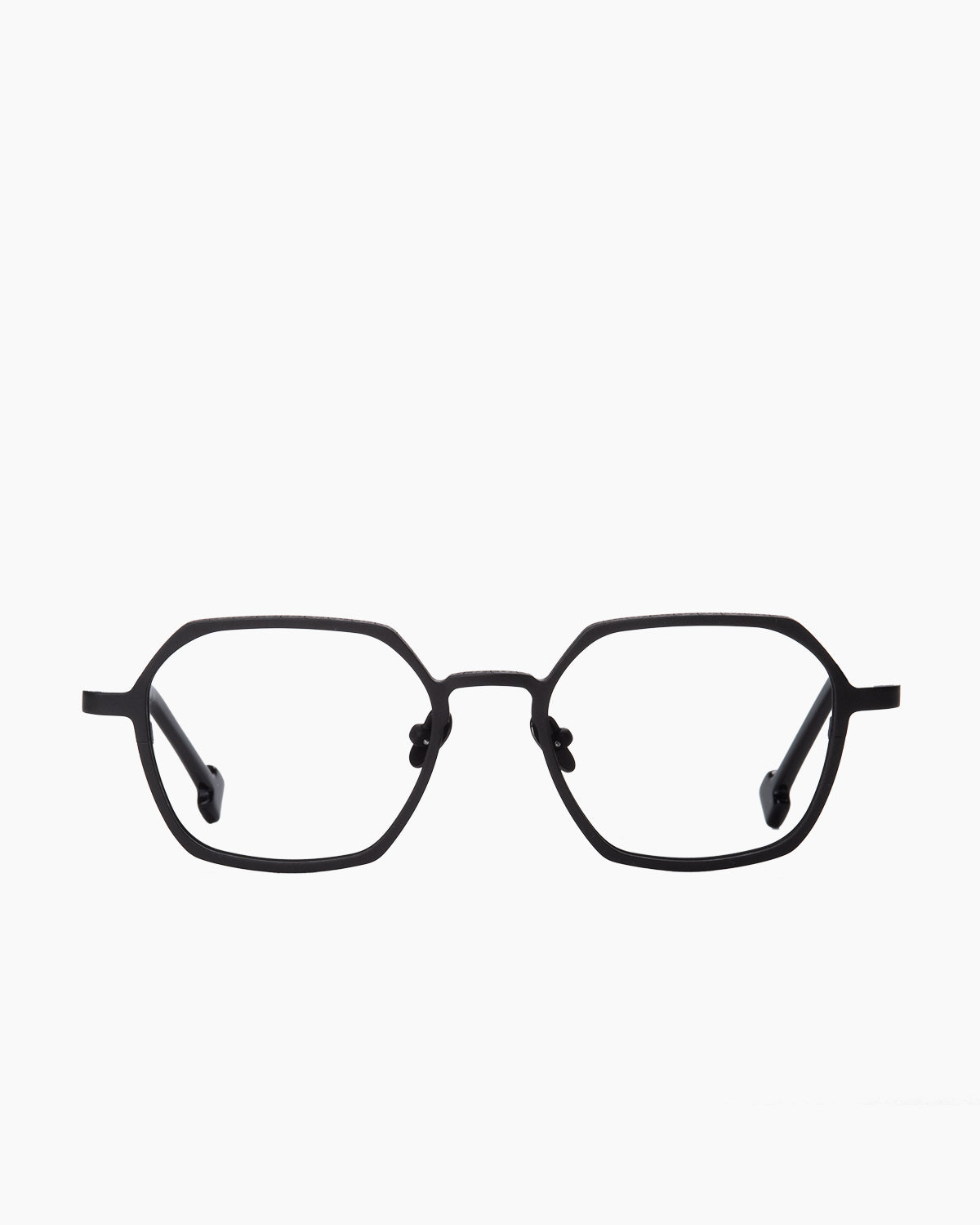 black metal hexagon eyeglasses by Spectacleeyeworks model persepolis, front view, lunettes de vue hexagone couleur noir