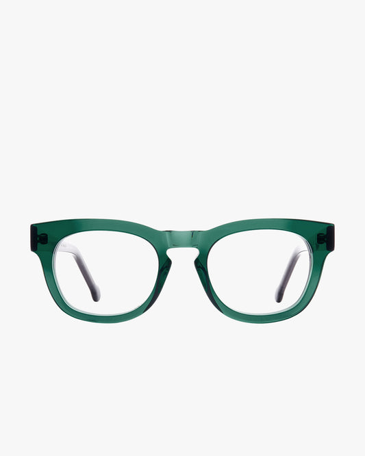 green plastic rectangle eyeglasses by Marie-Sophie Dion model Lavigne, front view, lunettes de vue rectangle couleur vert