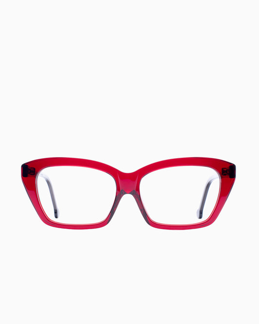 red plastic butterfly eyeglasses by Marie-Sophie Dion model Pageau, front view, lunettes de vue papillon couleur bourgogne