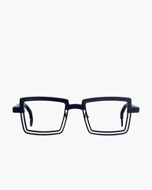 black metal rectangle eyeglasses by Theo model Spinner, front view, lunettes de vue rectangle couleur Noir