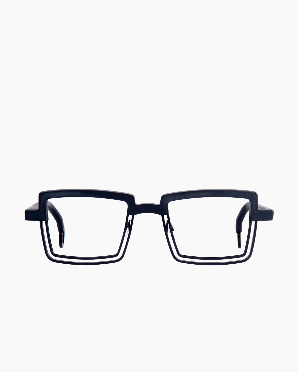 black metal rectangle eyeglasses by Theo model Spinner, front view, lunettes de vue rectangle couleur Noir