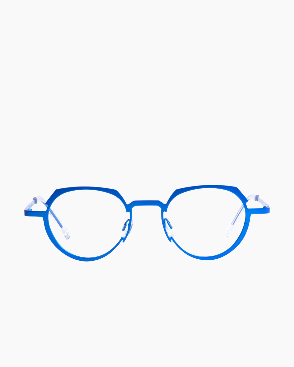 blue metal round eyeglasses by Theo model RECEIVER, front view, lunettes de vue rond couleur Bleu