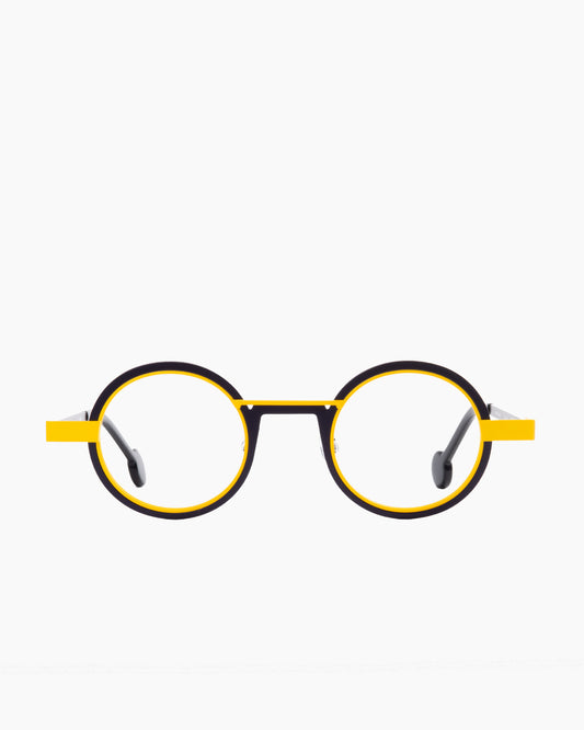 yellow metal round eyeglasses by Anne et Valentin model wellok, front view, lunettes de vue rond couleur jaune