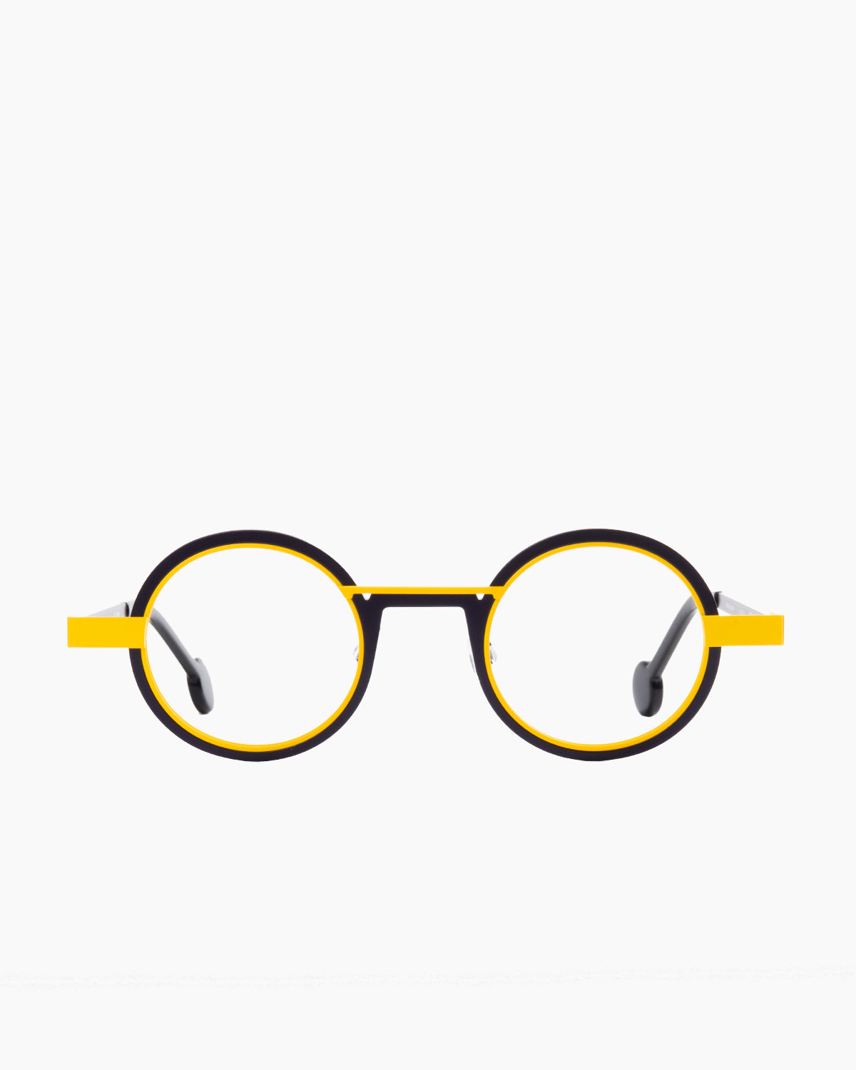 yellow metal round eyeglasses by Anne et Valentin model wellok, front view, lunettes de vue rond couleur jaune