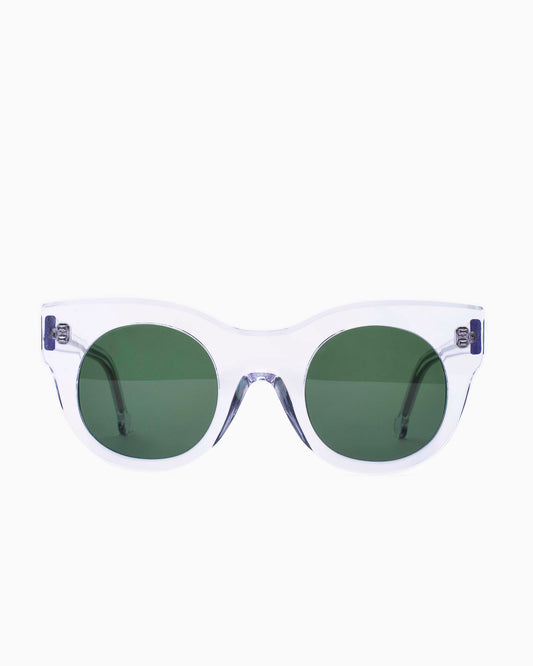 crystal plastic round  sunglassesby Marie-Sophie Dion model BrixiSun, front view, lunettes de vue rond couleur cristal